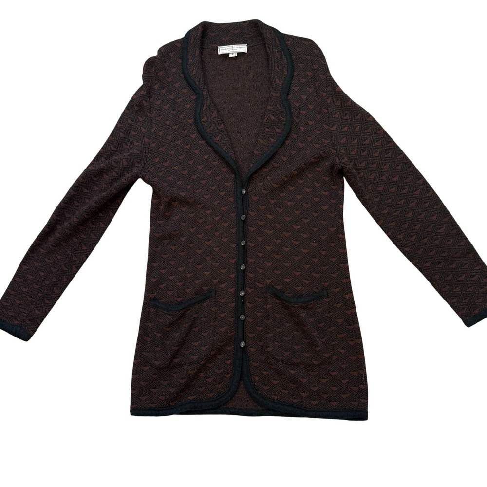 Vtg French Rags Brown Black Geometric Jacquard Rayon Knit Longline Cardigan Sz 2 - Picture 2 of 11